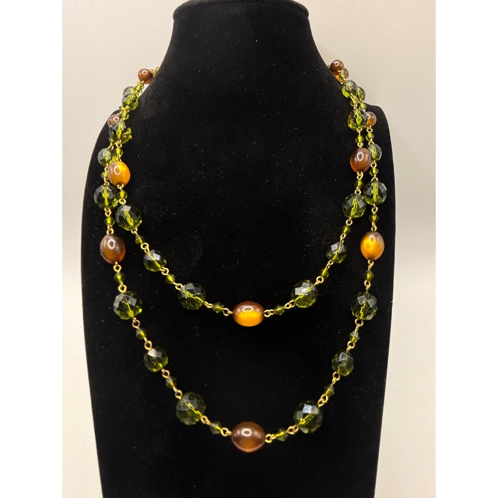 Sonoma Life + Style Double Strand Beaded Necklace Green Amber Gold Tone 18 Inch